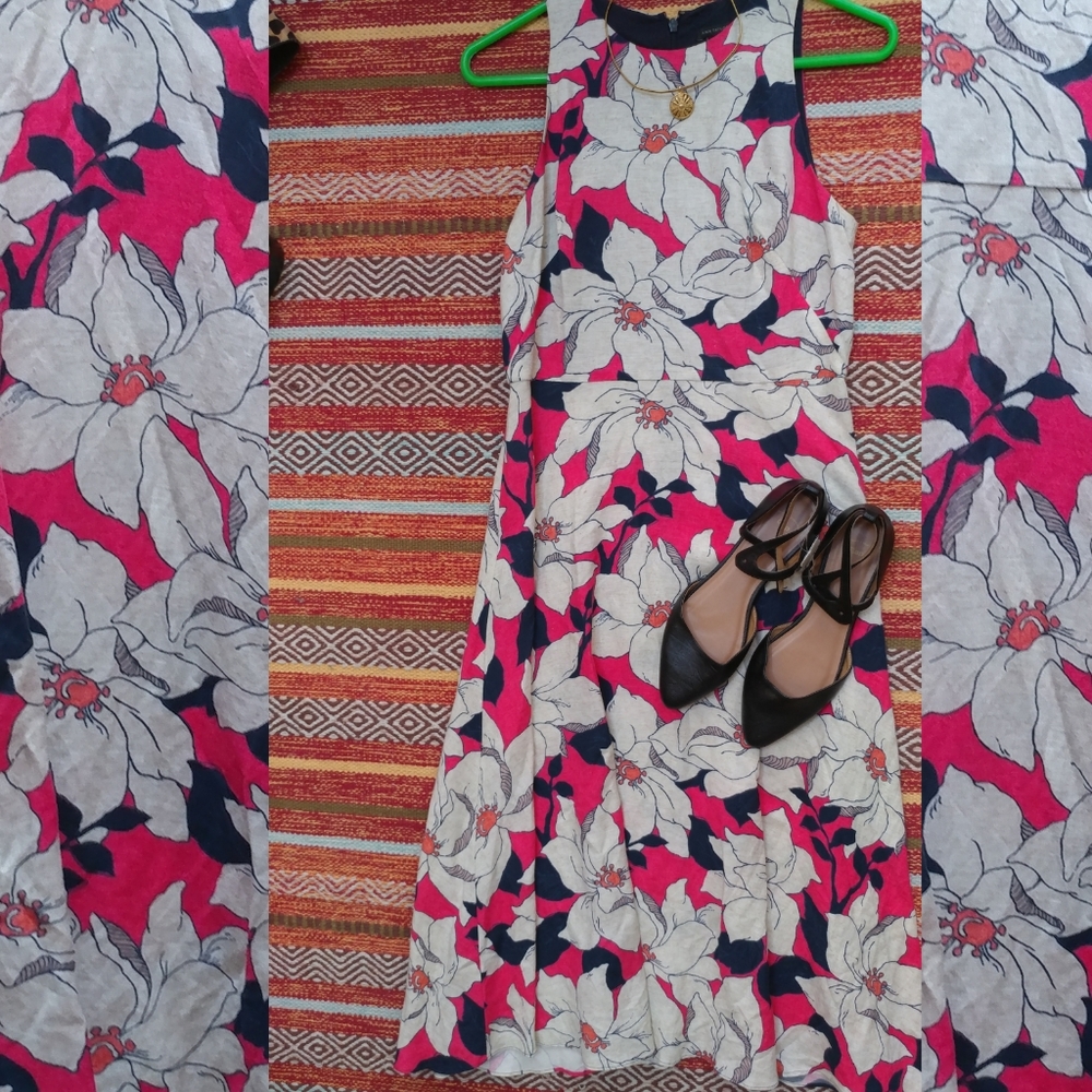 Coral Floral Linen Dress